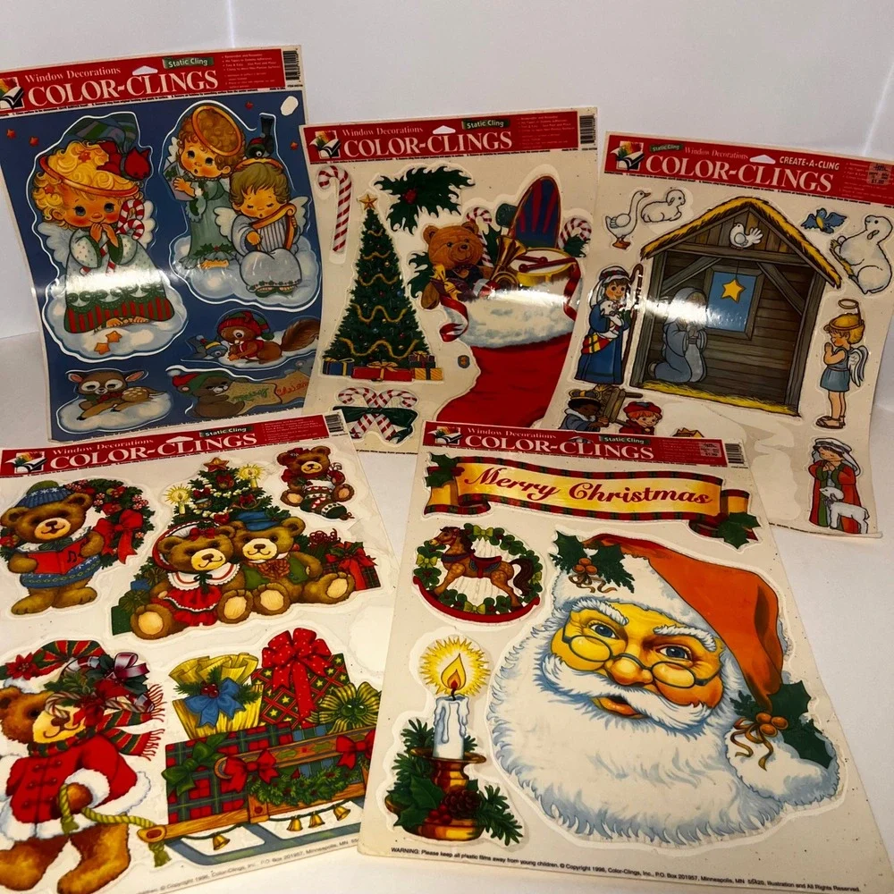 Vintage 1996 Color-Clings Christmas Window Clings Santa Nativity Bears Lot of 5